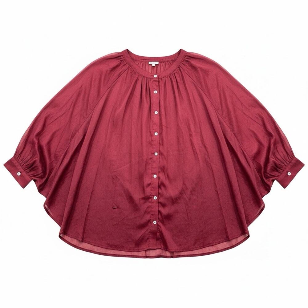 Jodifl Button Up Blouse Women’s 2X Batwing Silhouette Ballon Sleeve Burgundy